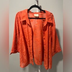 Alfred Dunner Orange Floral Paisley Textured Semi-Sheer Button Up Shacket Size L